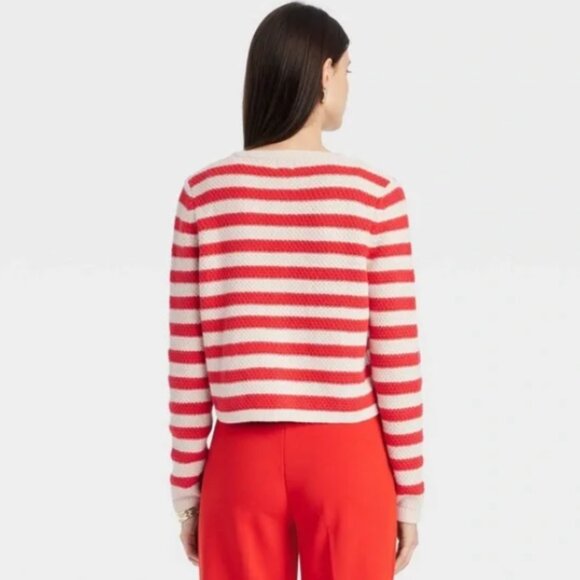 NWOTRed + Off-White Striped Long Sleeve Cardigan Sweater Gold Buttons Heavy Knit - Picture 5 of 6